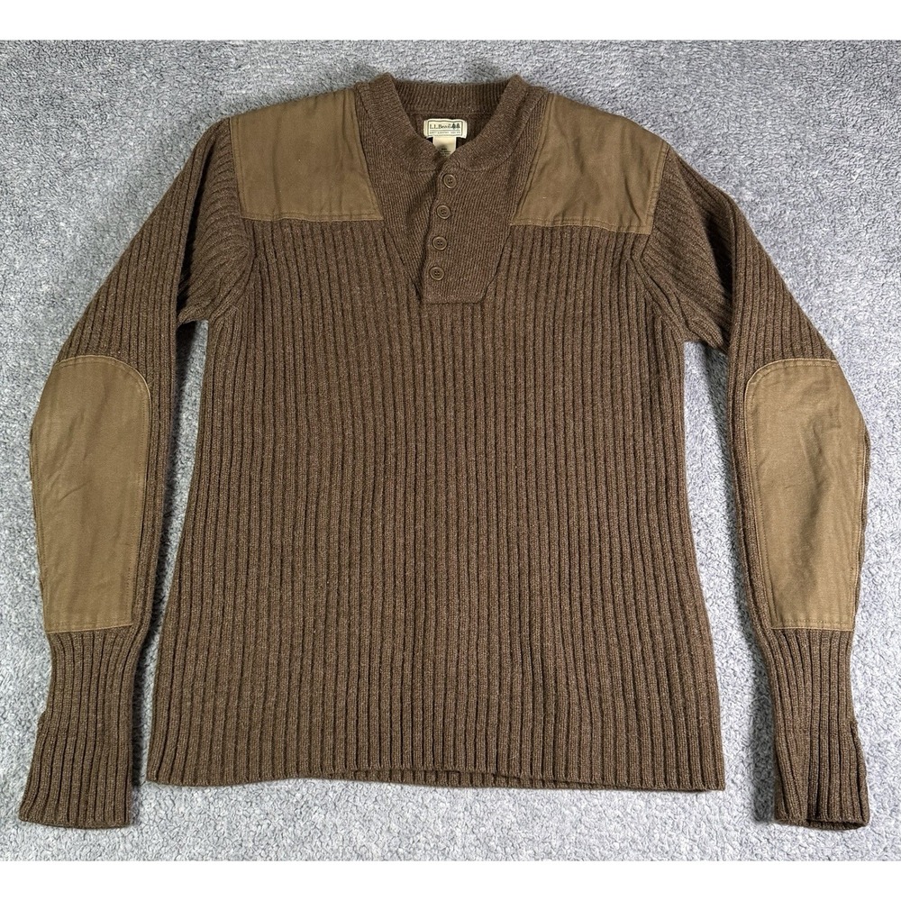 LL Bean Mens Large Brown Merino Lambswool Ribbed Commando Henley Sweater 228198